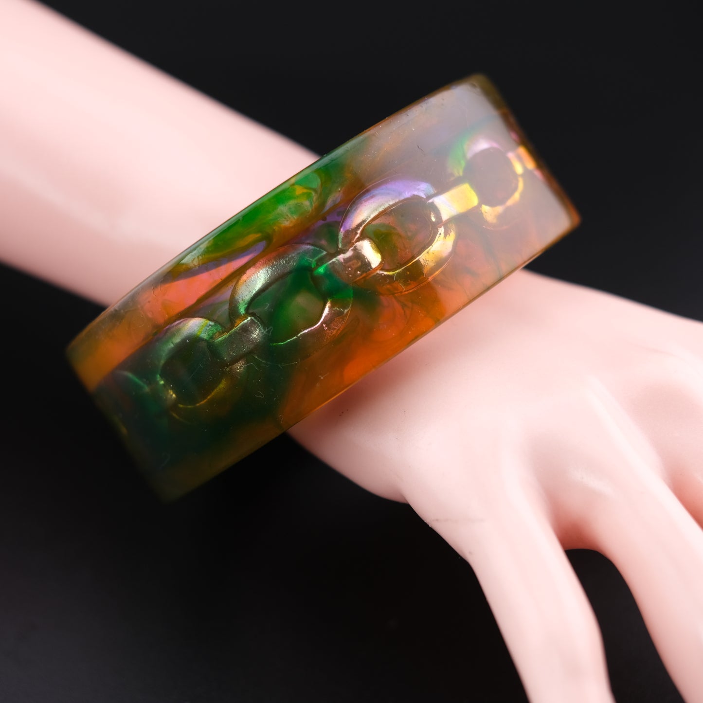 ❤️ Christian Lacroix Acrylic Chain Bangle Bracelet – Green Orange Lucite, Chunky Sculptural 1990s
