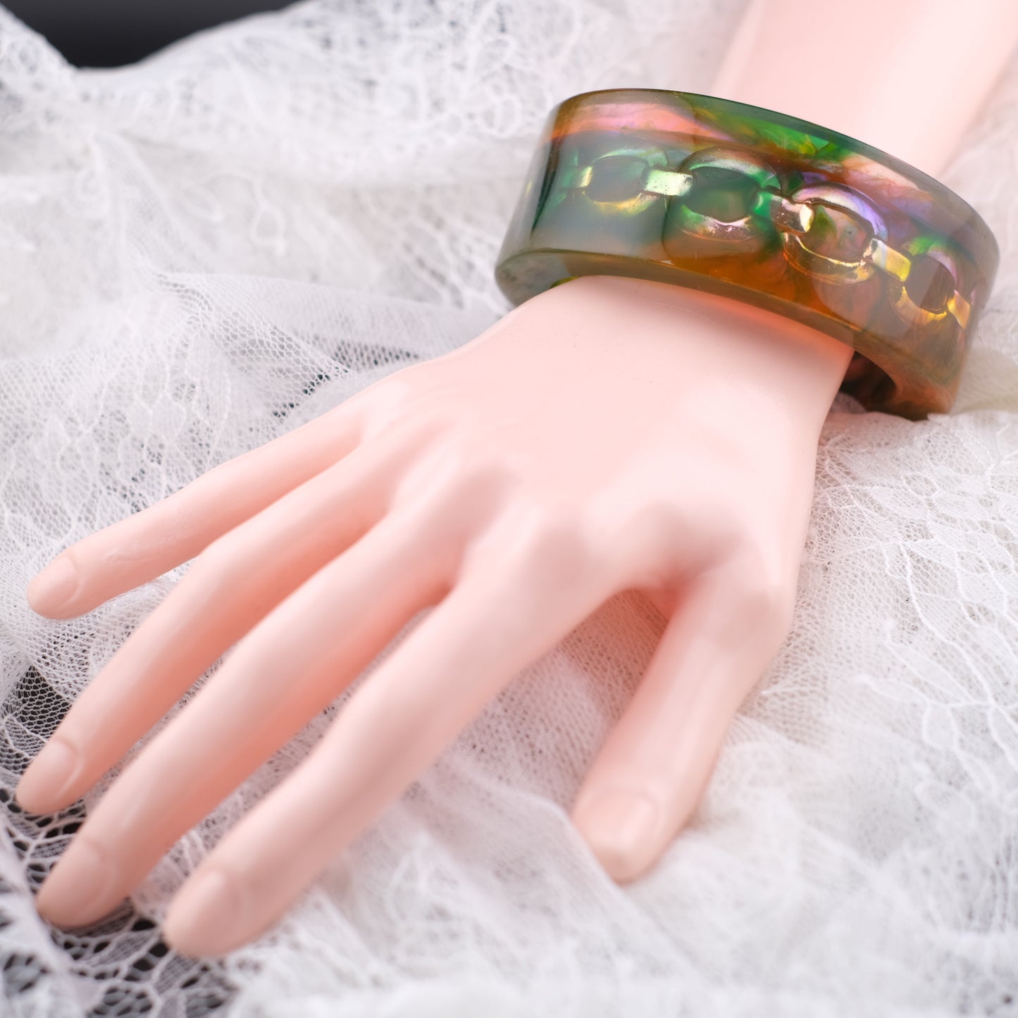 ❤️ Christian Lacroix Acrylic Chain Bangle Bracelet – Green Orange Lucite, Chunky Sculptural 1990s