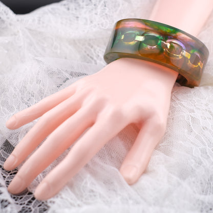 ❤️ Christian Lacroix Acrylic Chain Bangle Bracelet – Green Orange Lucite, Chunky Sculptural 1990s