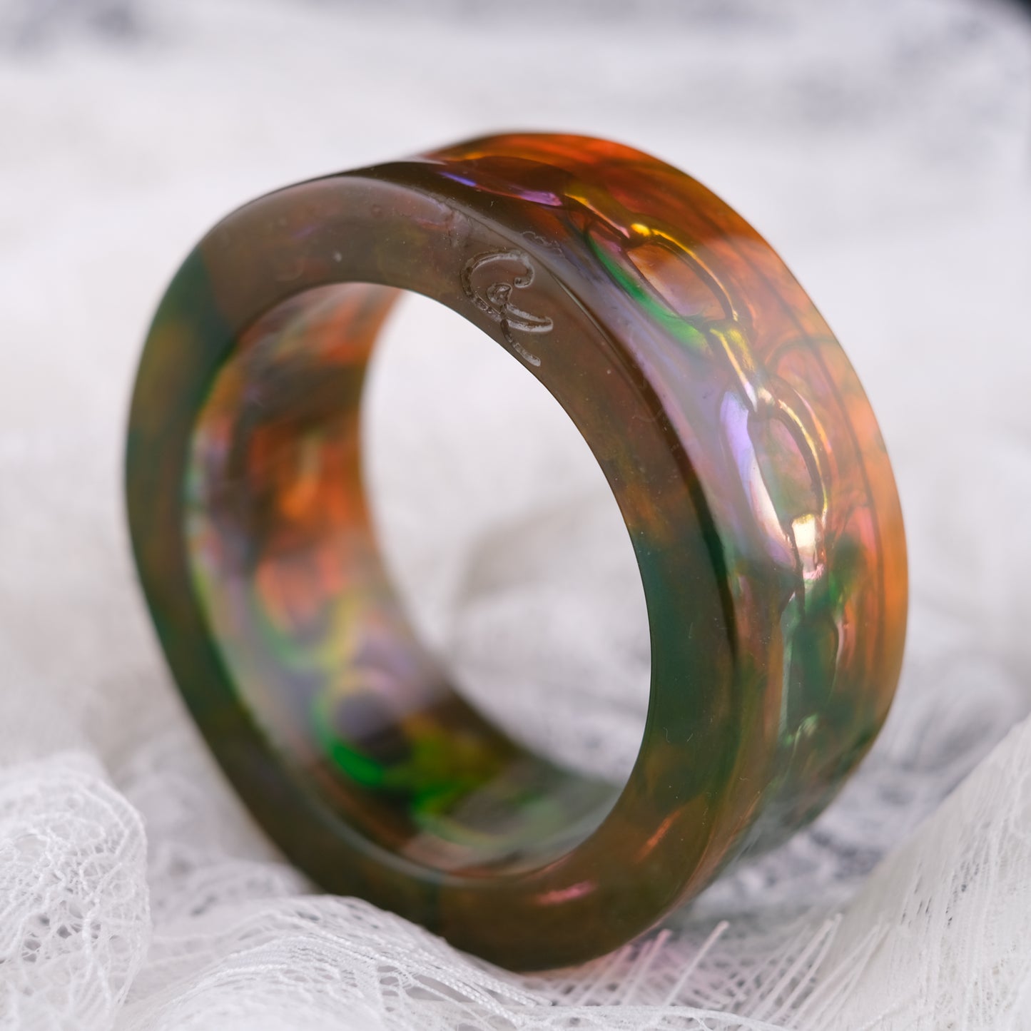❤️ Christian Lacroix Acrylic Chain Bangle Bracelet – Green Orange Lucite, Chunky Sculptural 1990s