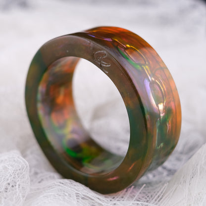 ❤️ Christian Lacroix Acrylic Chain Bangle Bracelet – Green Orange Lucite, Chunky Sculptural 1990s