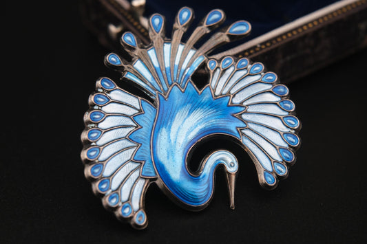 Vintage David-Andersen Sterling Silver & Enamel Bird Brooch – Norway, Blue Guilloché