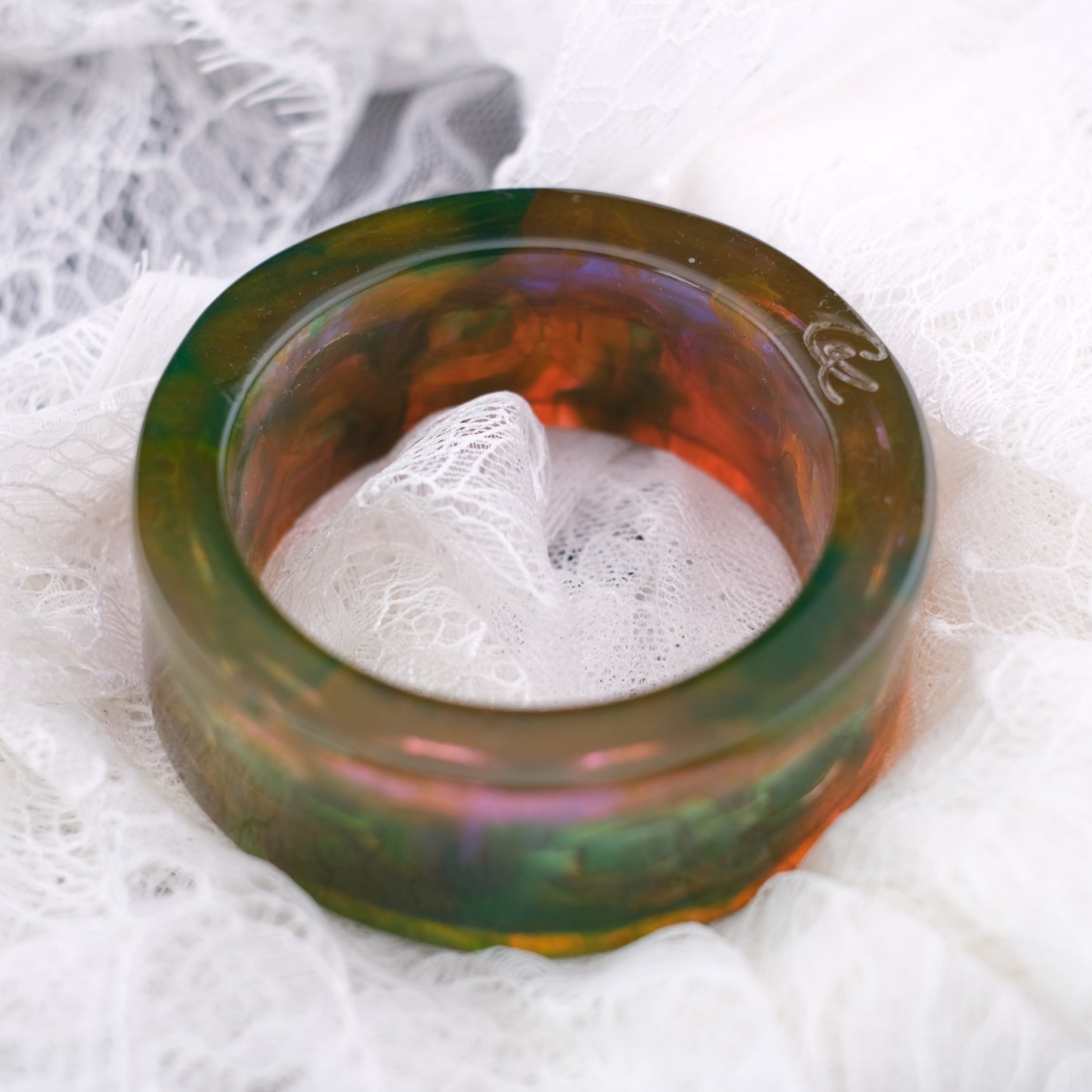 ❤️ Christian Lacroix Acrylic Chain Bangle Bracelet – Green Orange Lucite, Chunky Sculptural 1990s