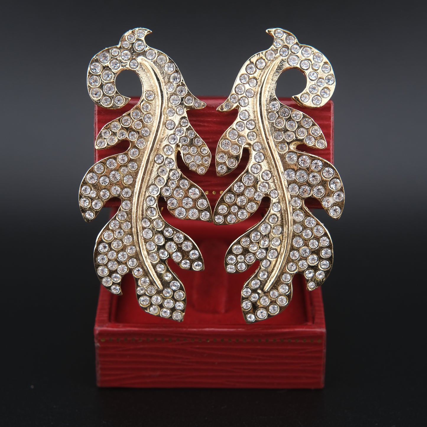 Vintage Signed Hanae Mori Gold-Tone Leaf Crystal Clip-On Earrings