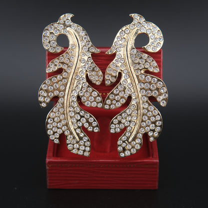 Vintage Signed Hanae Mori Gold-Tone Leaf Crystal Clip-On Earrings