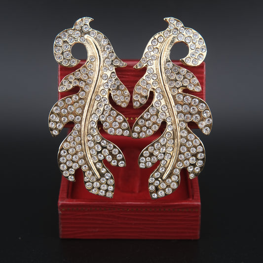 Vintage Signed Hanae Mori Gold-Tone Leaf Crystal Clip-On Earrings