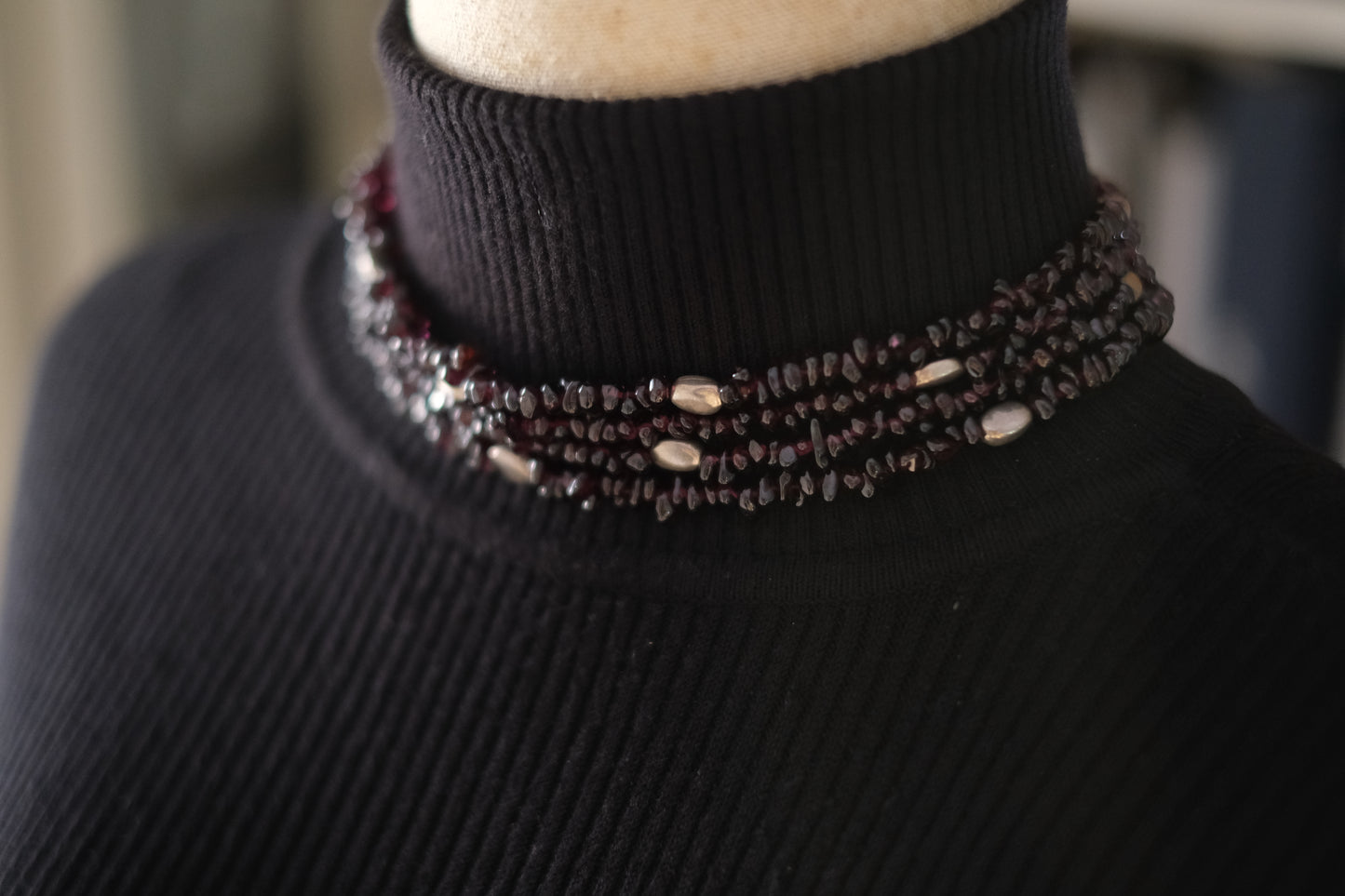 Vintage Mounir London Hallmarked Sterling Silver Garnet Multi-Strand Necklace (1999)