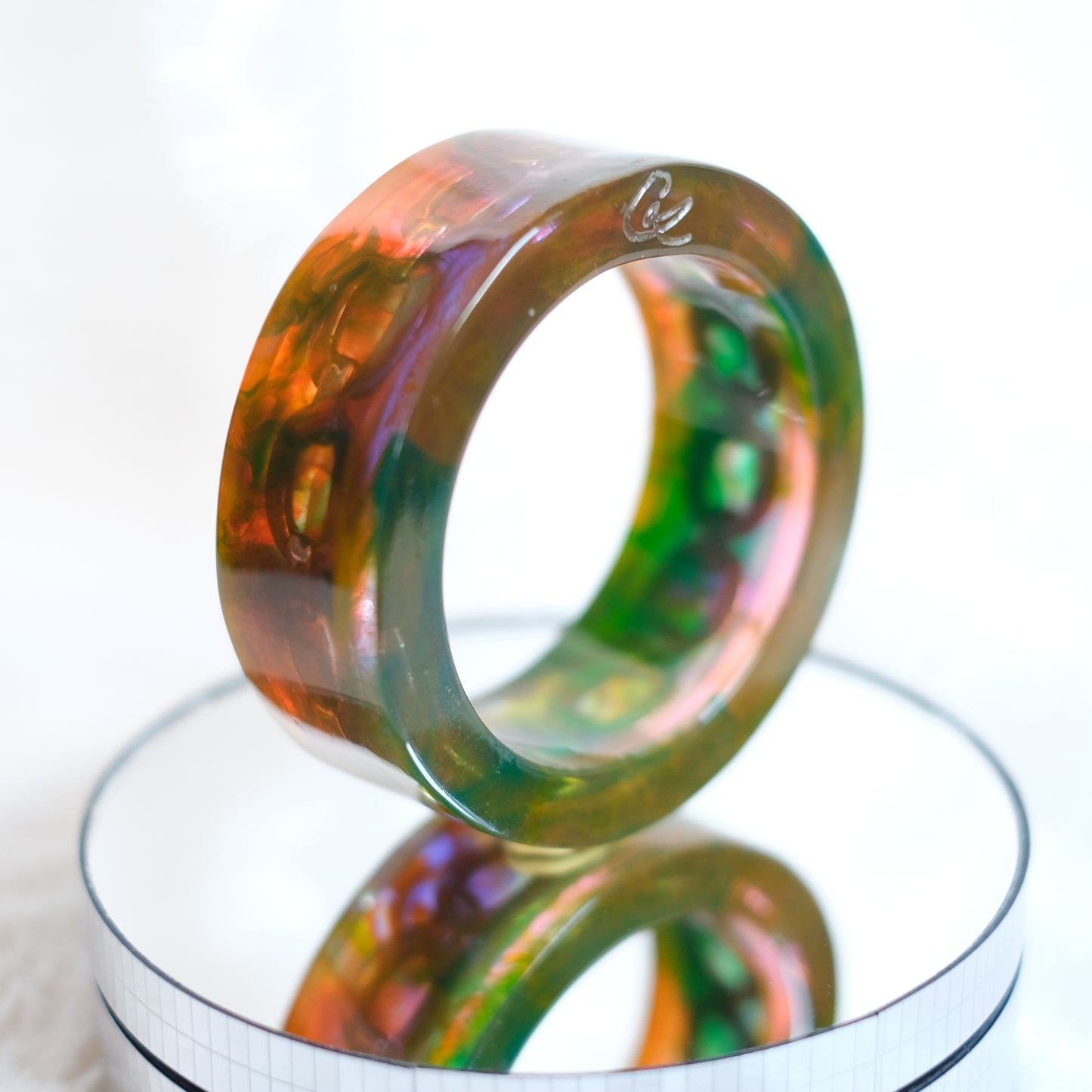 ❤️ Christian Lacroix Acrylic Chain Bangle Bracelet – Green Orange Lucite, Chunky Sculptural 1990s
