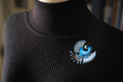 Vintage David-Andersen Sterling Silver & Enamel Bird Brooch – Norway, Blue Guilloché