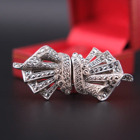 ❤️Vintage Silver-Tone Marcasite Duette Brooch | Art Deco Style | Convertible Double Clip Design