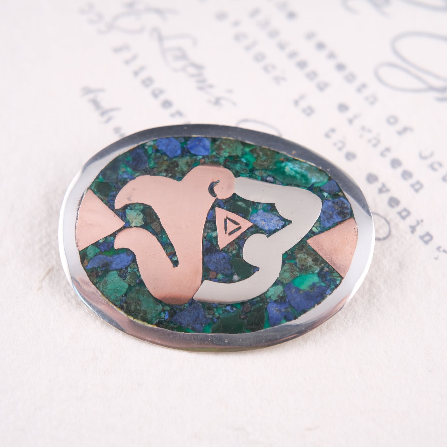 ❤️ Vintage Taxco Mexico Metales Casados Sterling Silver Inlay Pendant Brooch