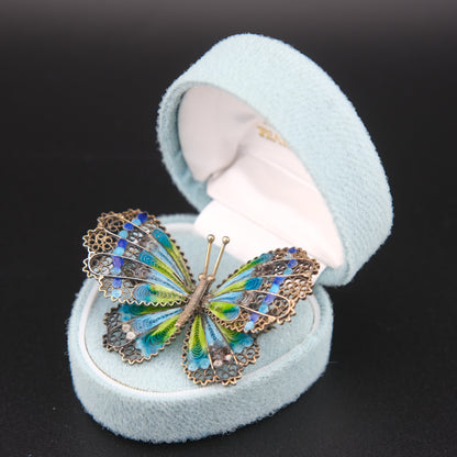 ❤️ Vintage 900 Silver Filigree Enamel Butterfly Brooch