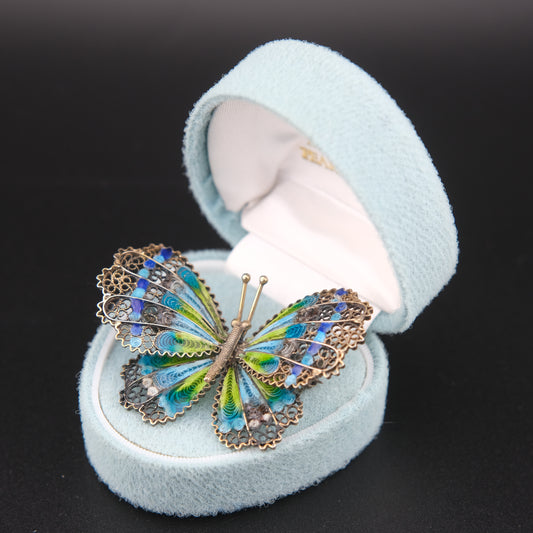 ❤️ Vintage 900 Silver Filigree Enamel Butterfly Brooch