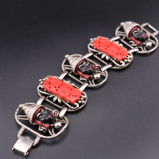 ❤️ Vintage Unsigned Selro Selini Thai Girl Face Faux Coral Panel Bracelet