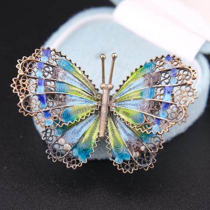 ❤️ Vintage 900 Silver Filigree Enamel Butterfly Brooch