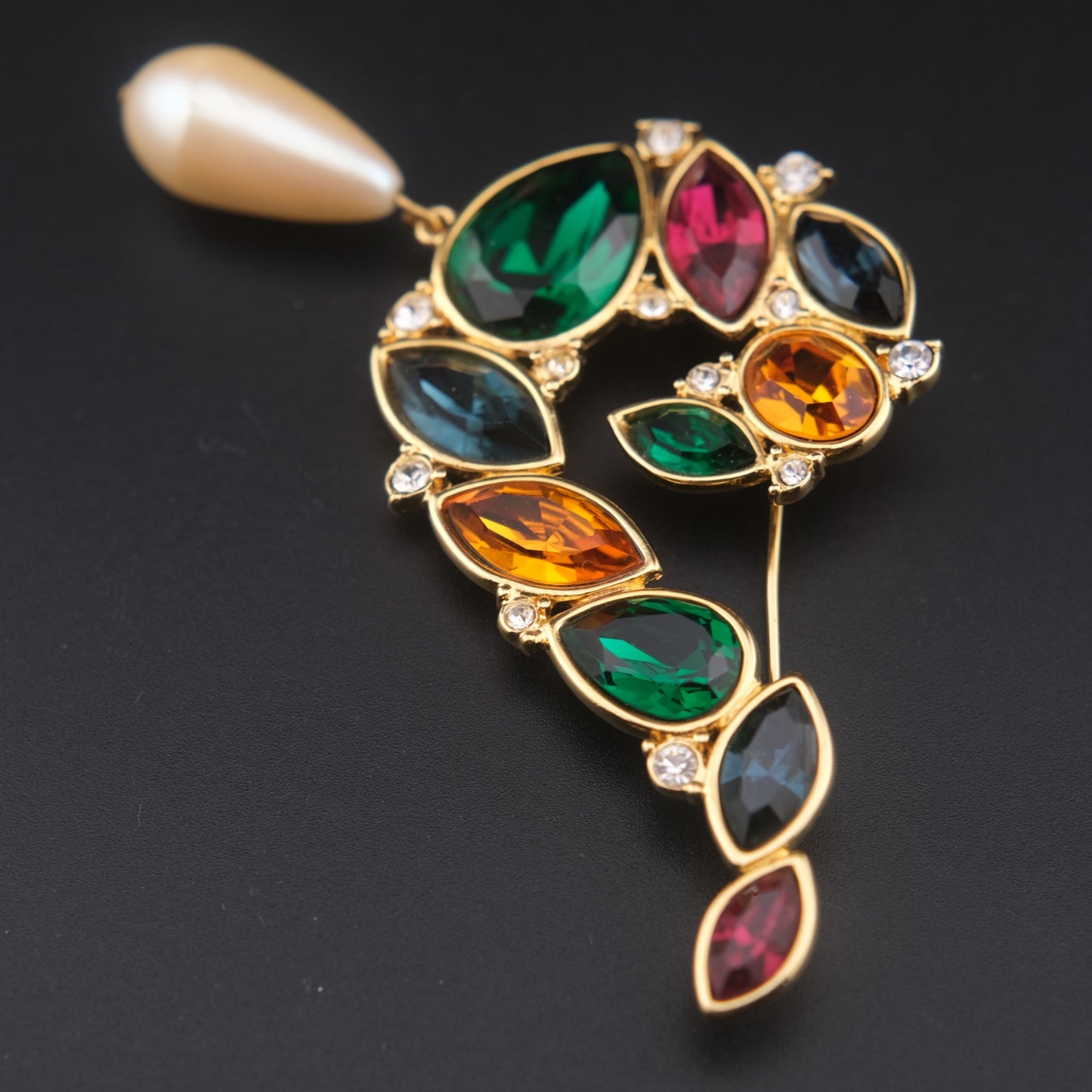Vintage Monet Multi-Gemstone Brooch with Faux Pearl Drop