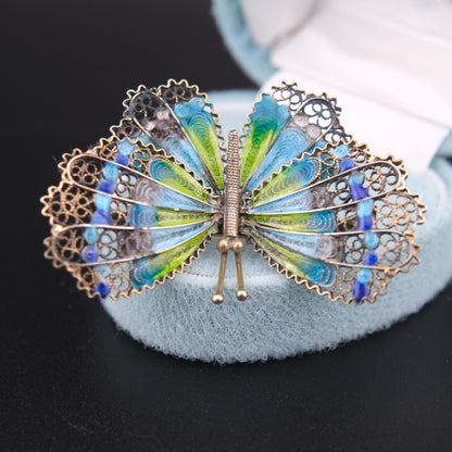 ❤️ Vintage 900 Silver Filigree Enamel Butterfly Brooch