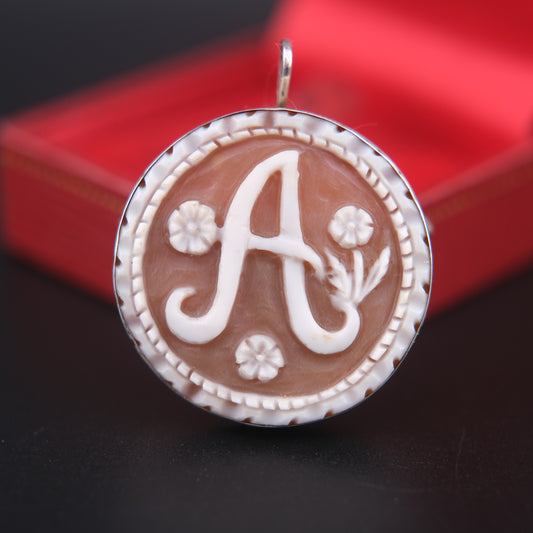 Vintage Italian Shell Cameo Pendant & Brooch – Hand Carved Monogram “A” – Sterling Silver 925 – Torre del Greco Tradition