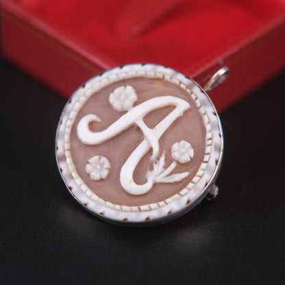 Vintage Italian Shell Cameo Pendant & Brooch – Hand Carved Monogram “A” – Sterling Silver 925 – Torre del Greco Tradition