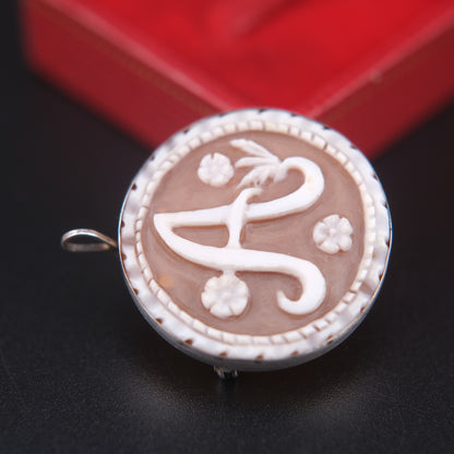 Vintage Italian Shell Cameo Pendant & Brooch – Hand Carved Monogram “A” – Sterling Silver 925 – Torre del Greco Tradition