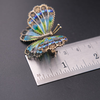 ❤️ Vintage 900 Silver Filigree Enamel Butterfly Brooch