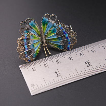 ❤️ Vintage 900 Silver Filigree Enamel Butterfly Brooch