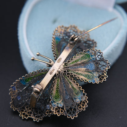 ❤️ Vintage 900 Silver Filigree Enamel Butterfly Brooch