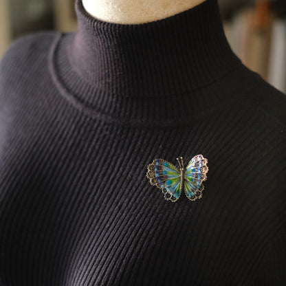 ❤️ Vintage 900 Silver Filigree Enamel Butterfly Brooch
