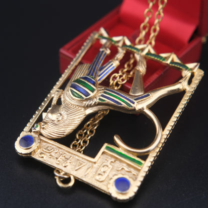 ❤️ Vintage Egyptian Revival Sphinx Pendant Necklace – Gold-Tone with Enamel Inlay