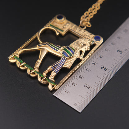 ❤️ Vintage Egyptian Revival Sphinx Pendant Necklace – Gold-Tone with Enamel Inlay