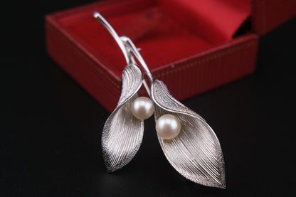 Vintage Mikimoto Sterling Silver Calla Lily Brooch with Cultured Akoya