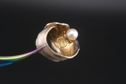 Vintage SHINJI Japan Adjustable Ring – Sculptural Silver Shell with Pearl Accent