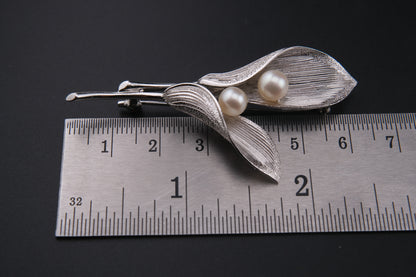 Vintage Mikimoto Sterling Silver Calla Lily Brooch with Cultured Akoya