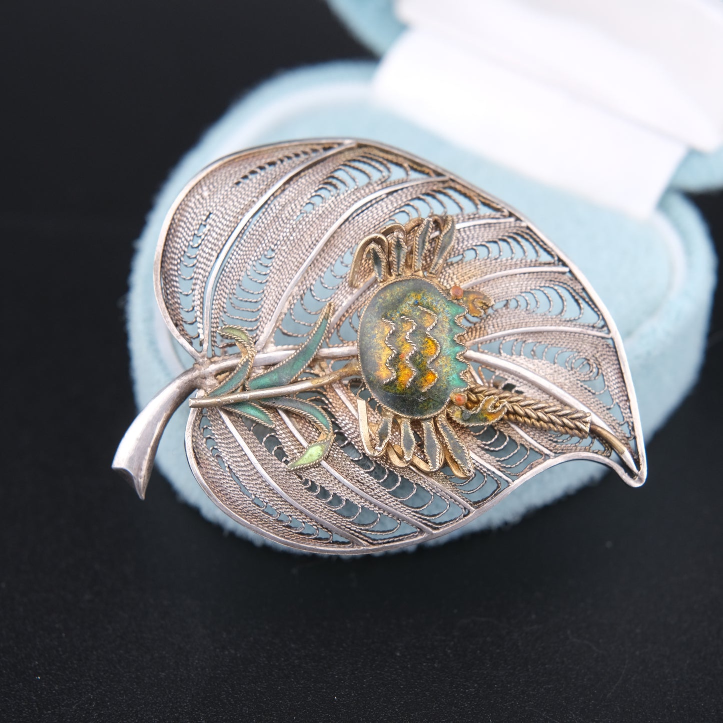 ❤️ Vintage Silver Filigree Crab & Rice Plant Brooch – Articulated Design