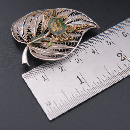 ❤️ Vintage Silver Filigree Crab & Rice Plant Brooch – Articulated Design