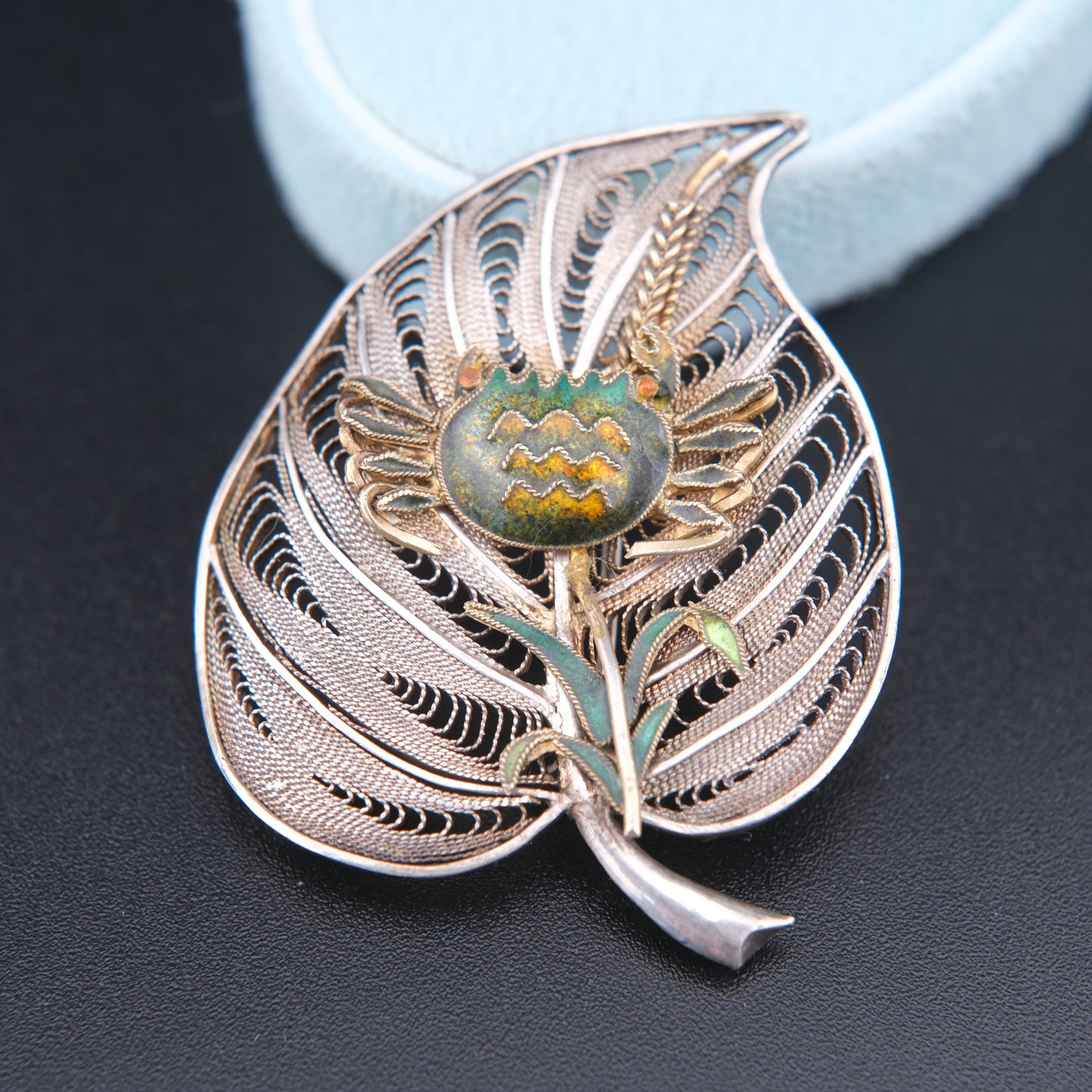 ❤️ Vintage Silver Filigree Crab & Rice Plant Brooch – Articulated Design