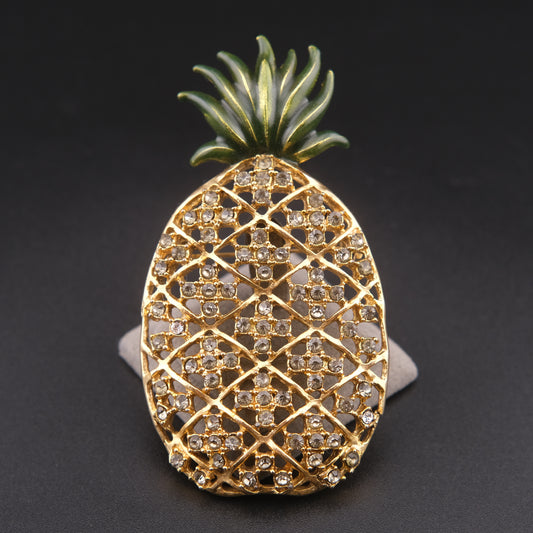 ❤️ Vintage Rhinestone Pineapple Brooch Gold Tone Openwork Tropical Pin