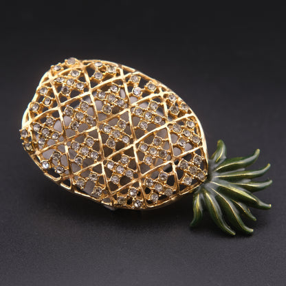 ❤️ Vintage Rhinestone Pineapple Brooch Gold Tone Openwork Tropical Pin