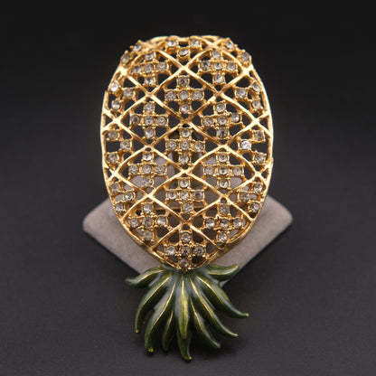 ❤️ Vintage Rhinestone Pineapple Brooch Gold Tone Openwork Tropical Pin