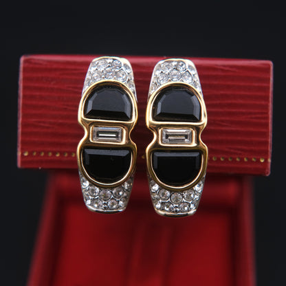 ❤️ Vintage Swarovski S.A.L. Black Crystal & Clear Rhinestone Clip-On Earrings