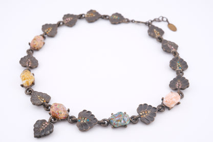 Vintage Jay Strongwater Floral Leaf Necklace with Murano-Style Art Glass & Rhinestones