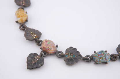 Vintage Jay Strongwater Floral Leaf Necklace with Murano-Style Art Glass & Rhinestones