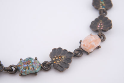 Vintage Jay Strongwater Floral Leaf Necklace with Murano-Style Art Glass & Rhinestones