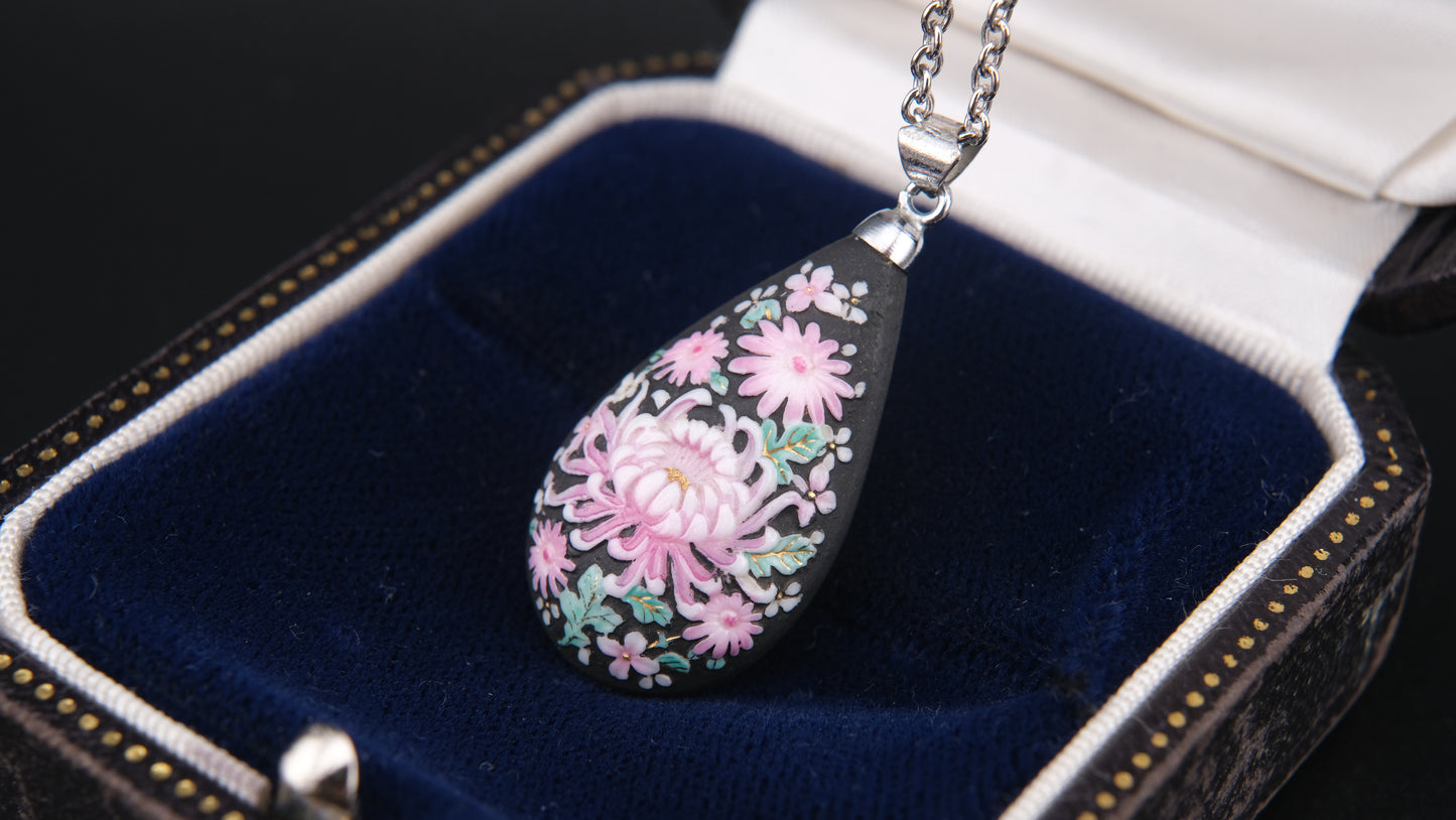 Toshikane Arita Double-Sided Porcelain Chrysanthemum Pendant Necklace with Sterling Silver Chain