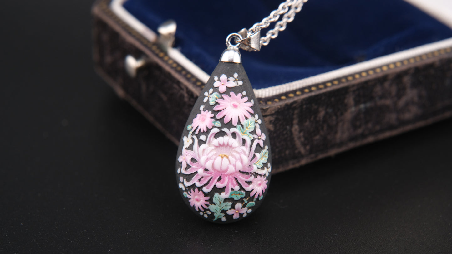 Toshikane Arita Double-Sided Porcelain Chrysanthemum Pendant Necklace with Sterling Silver Chain
