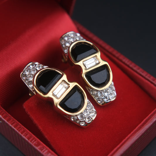 ❤️ Vintage Swarovski S.A.L. Black Crystal & Clear Rhinestone Clip-On Earrings