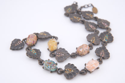 Vintage Jay Strongwater Floral Leaf Necklace with Murano-Style Art Glass & Rhinestones