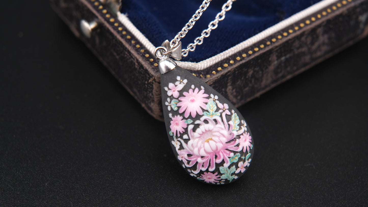 Toshikane Arita Double-Sided Porcelain Chrysanthemum Pendant Necklace with Sterling Silver Chain