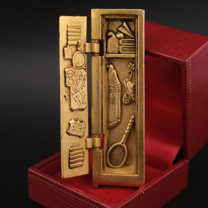 Vintage AJC Gold-Tone Sports Locker Brooch – Movable Hinged Design with Miniature Sports Gear Inside