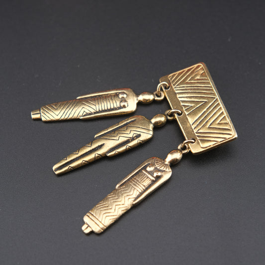 Vintage Signed Laurel Burch Tribal People Dangle Brooch – Gold Tone Bar Pin with Three Figures